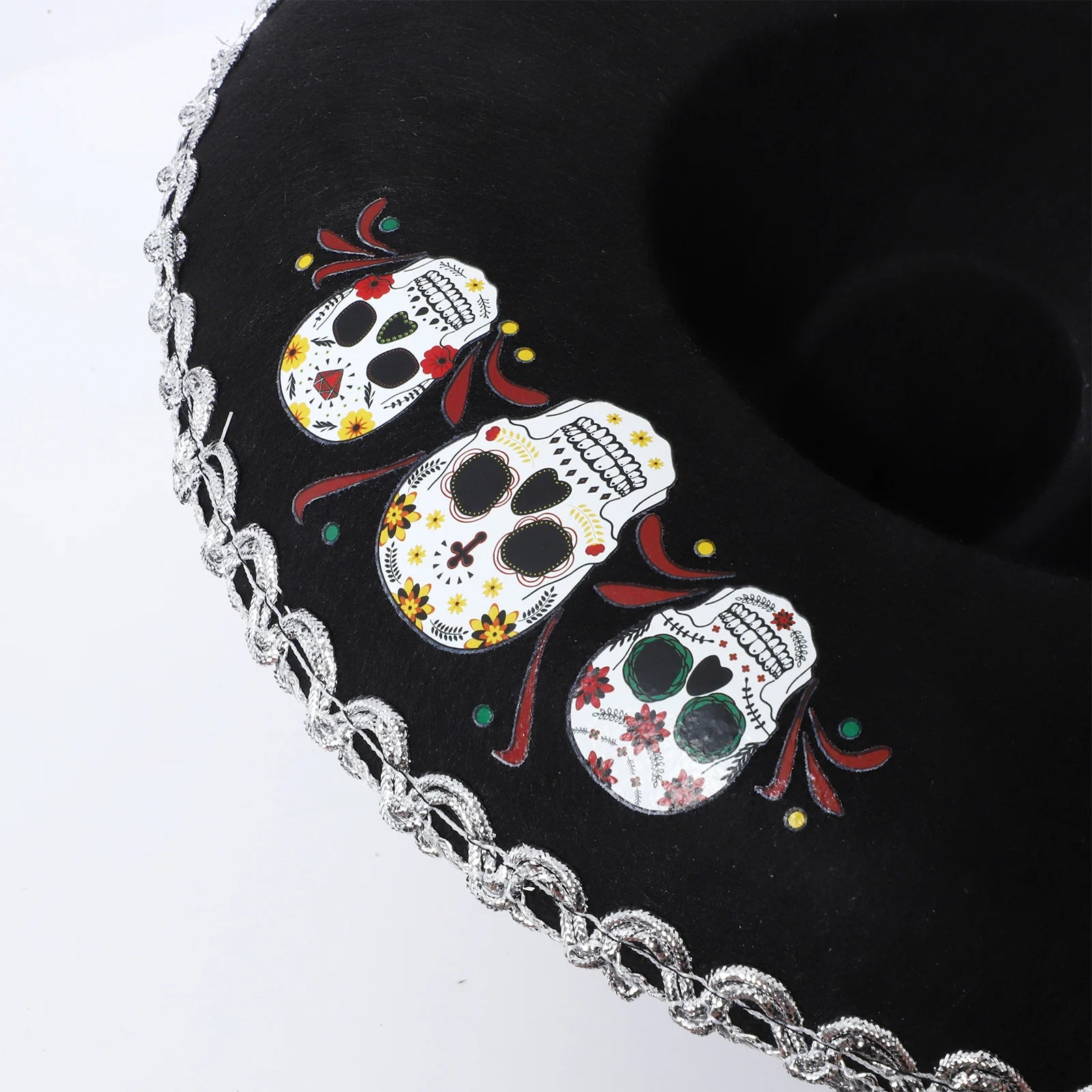 Chapeau mexicain unisexe pour adultes et enfants, motif de crâne tressé métallique, chapeau noir à large bord pour l'été, chapeau de soleil en plein air, accessoire de Cosplay d'halloween