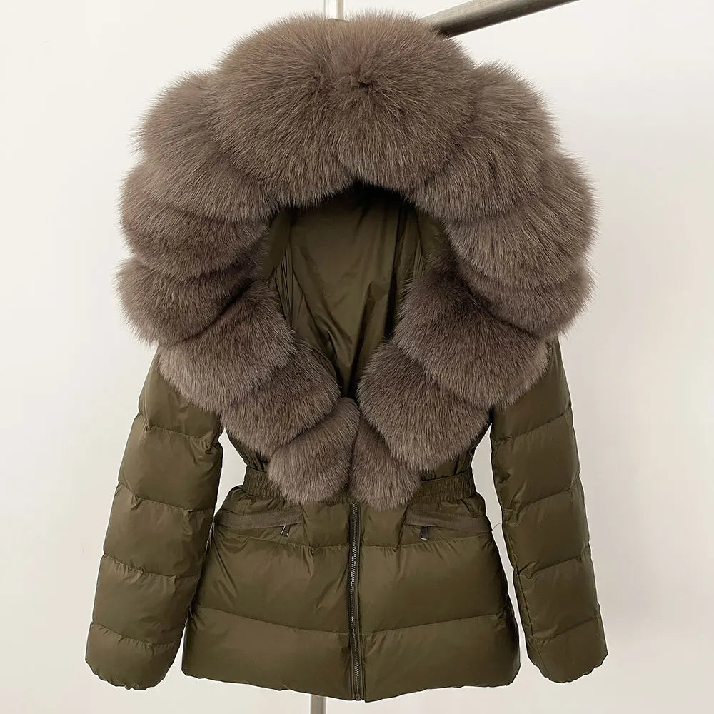 OFTBUY 2024 veste d'hiver femmes naturel réel raton laveur col de fourrure de renard à capuche blanc canard vers le bas manteau ceinture épais chaud vêtements d'extérieur décontractés