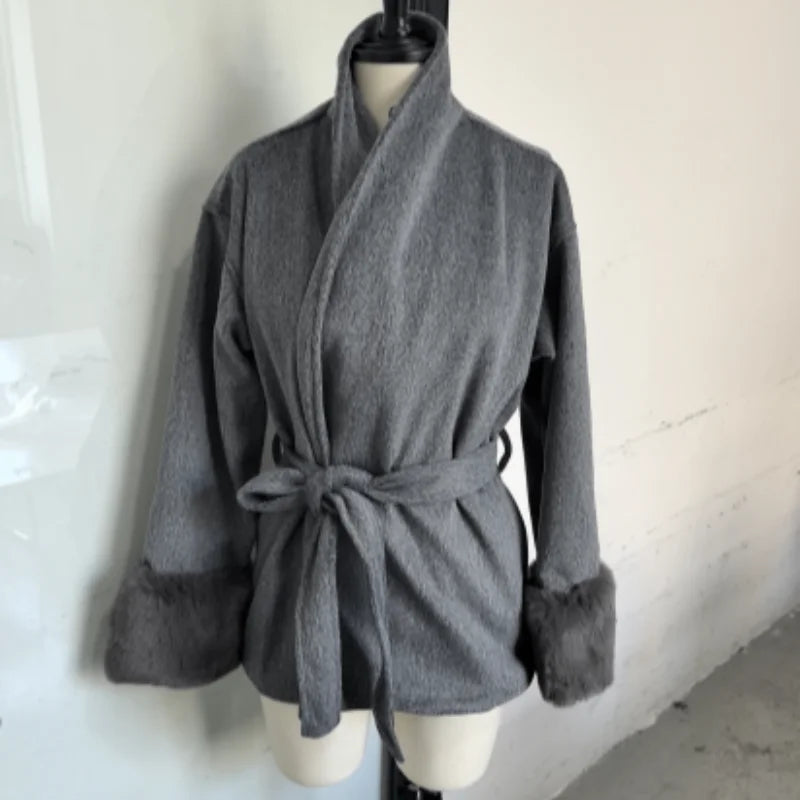 Manteau Long à lacets pour femme, manteau de bureau élégant en laine, fourrure, Patchwork, manches longues, vestes Cardigan amples, nouvelle collection 2025