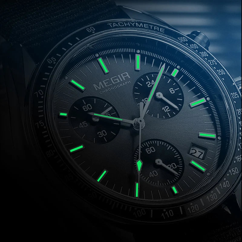 MEGIR montre à Quartz à trois yeux pour hommes bracelet tressé en Nylon étanche sport lumineux avec chronographe montre-bracelet de mode homme