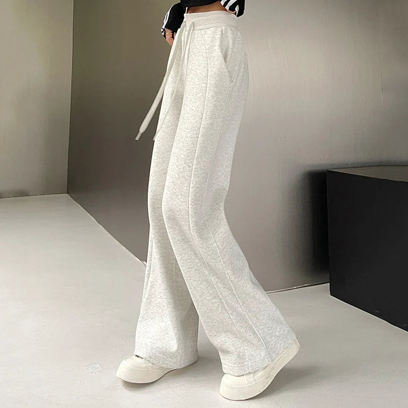 Pantalon de sport élastique pour femmes, basique, blanc, gris, noir, jambes larges, droit, polyvalent, taille haute, survêtement