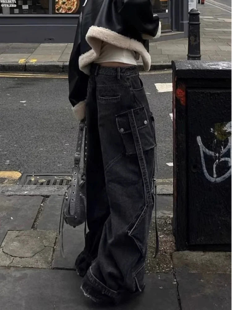 FjRopa Mujer-Jean Cargo Noir Délavé Style Punk Y2K pour Femme, Pantalon Baggy, Vêtements de Styliste, Jambes Larges, 2024