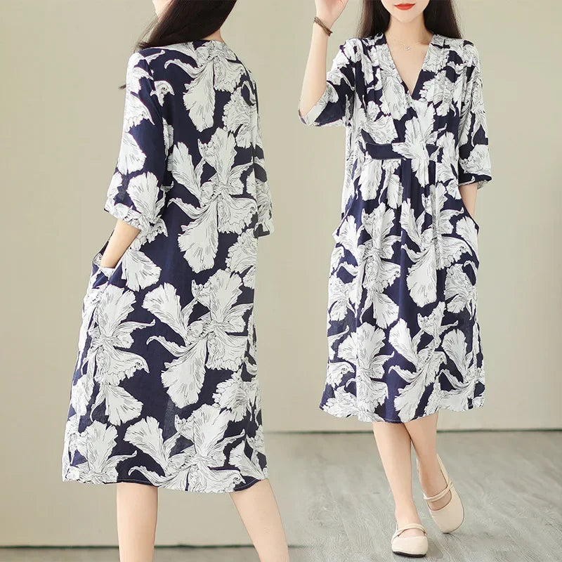Robe mi-longue amincissante pour femmes, grande taille, imprimé Vintage, ceinture, taille ample, nouveau Style, longueur aux genoux, col en v, Fiber de Polyester, été