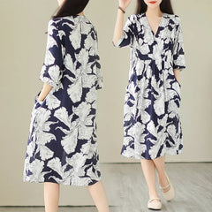 Robe mi-longue amincissante pour femmes, grande taille, imprimé Vintage, ceinture, taille ample, nouveau Style, longueur aux genoux, col en v, Fiber de Polyester, été