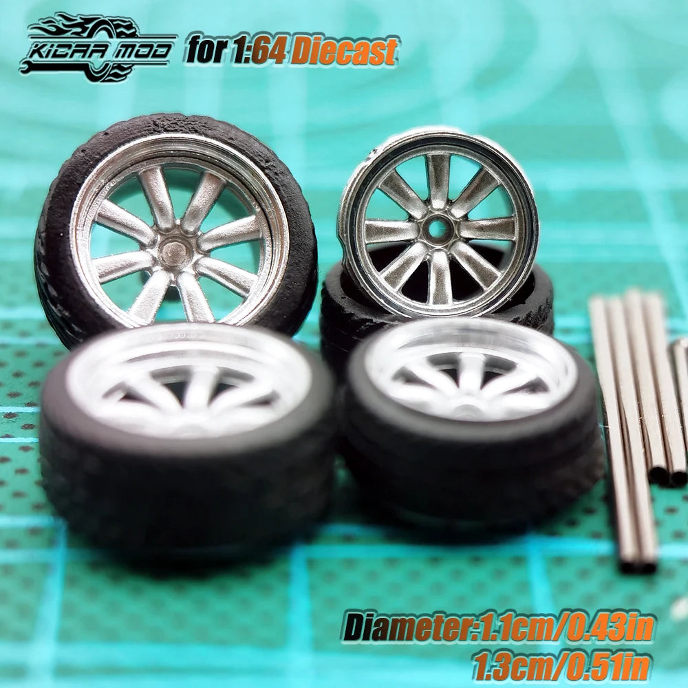 KicarHapp1/64-Jantes Métalliques ABS avec Caoutchouc pour Voiture Miniature, Pièces de Réaménagement Avant, Petite et Arrière