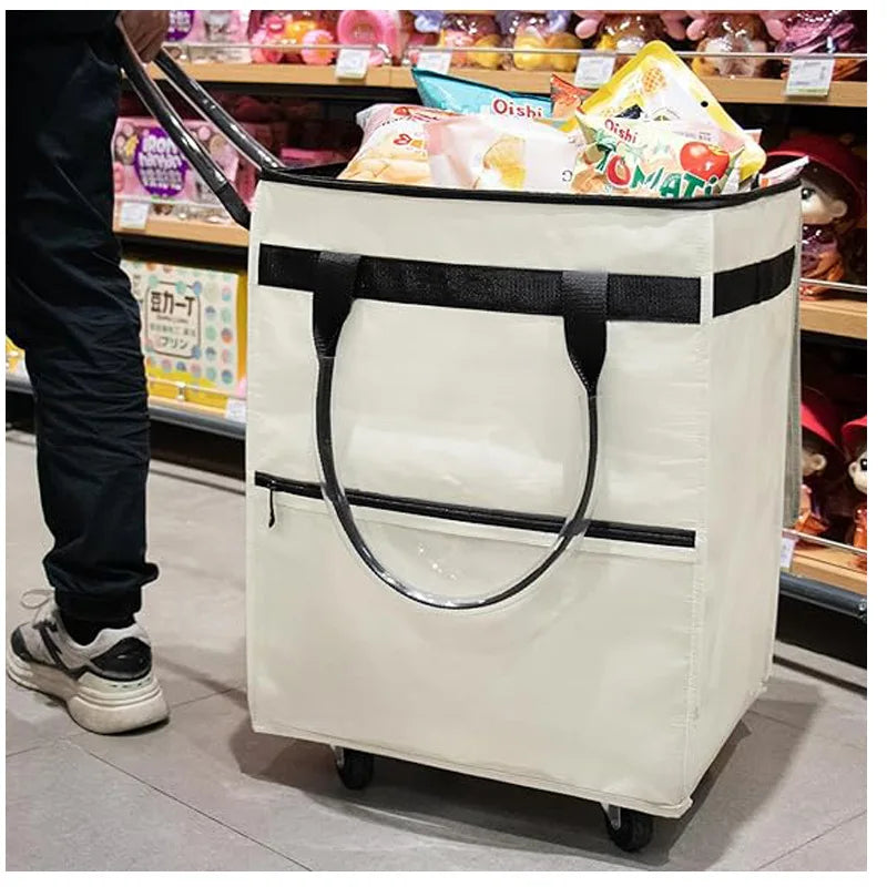 Sac de courses réutilisable à roulettes, sac fourre-tout roulant de voyage de grande capacité, fermeture à glissière, poignée pliable, pas facile à casser