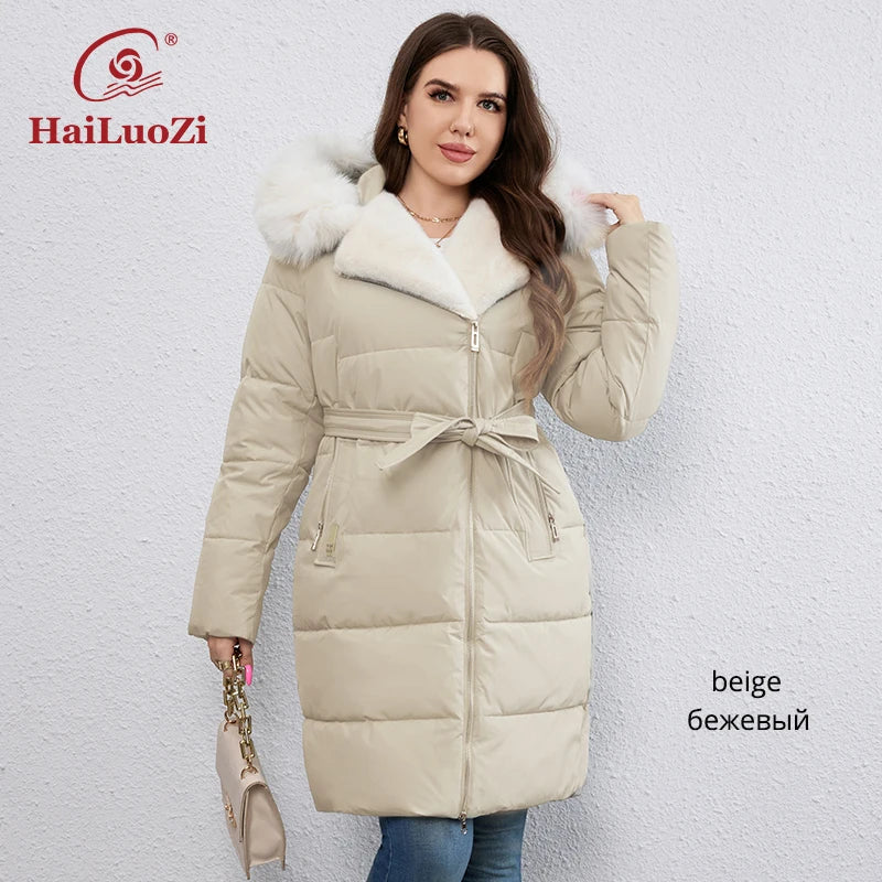 HaiLuoZi Women's Long Cotton Puffer Jacket with Fur Belt, Lapel Coat, Independent Zipper, Outerwear, New Winter 2023 Collection, 1171