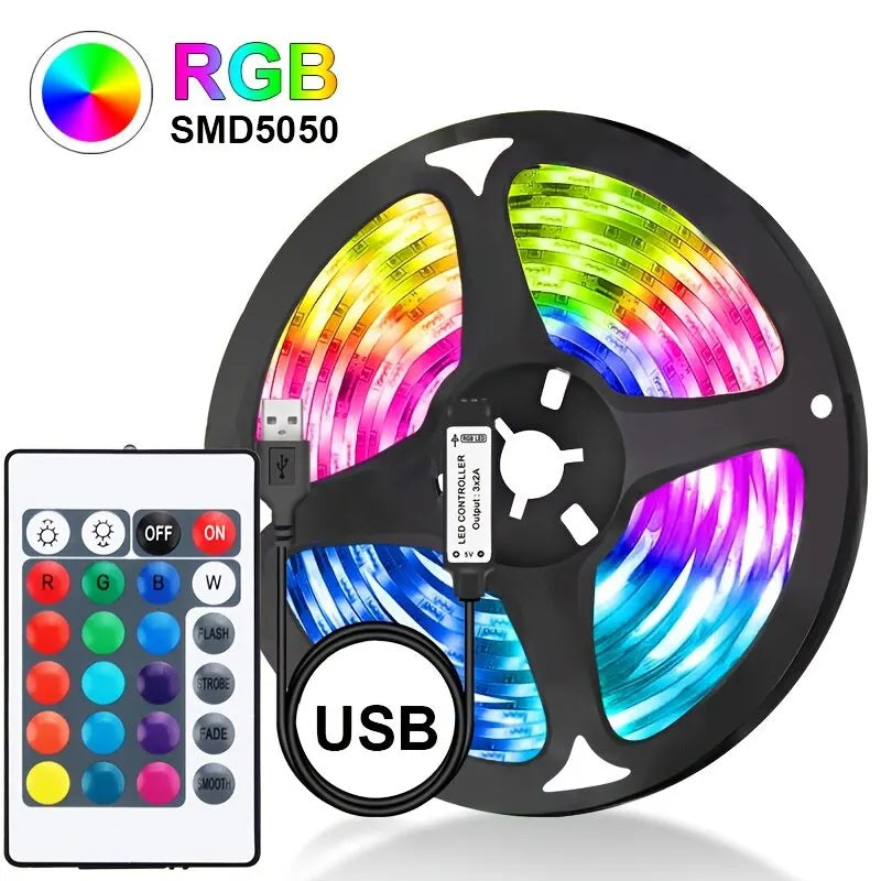 USB LED strip light for children's playroom, TV backlight, proxy document, flexible lights, 24 preset colors, 5050 RGB, home party, 5m