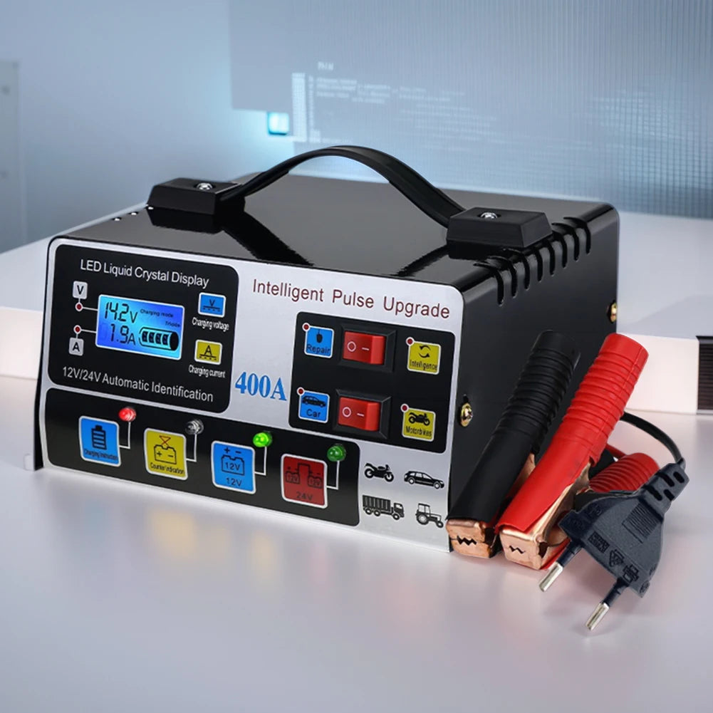 High-power car battery charger, fast charger, intelligent pulse repair, automatic shut-off, 400A, 12V, 24V, 220W