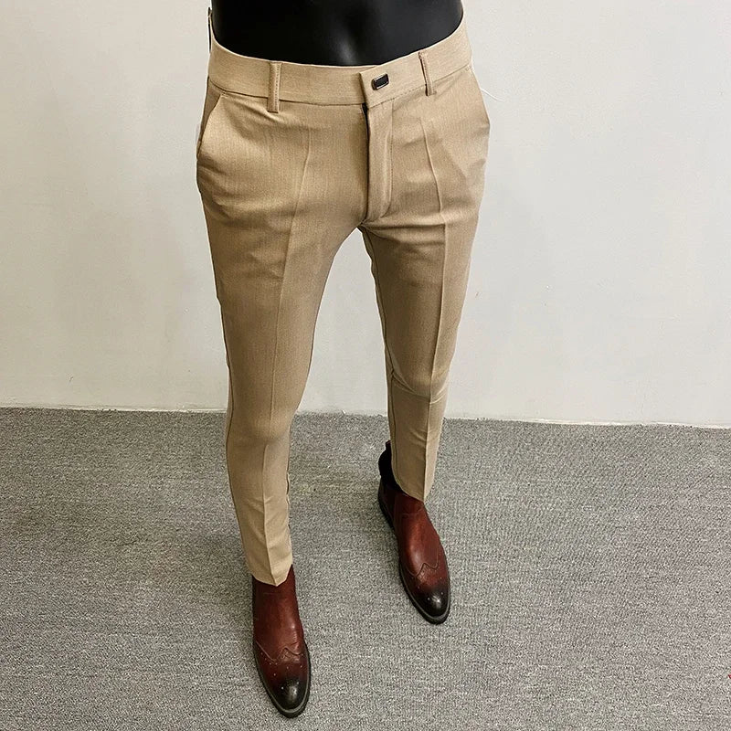Men's Suit Formal Trousers, Men's Stretch Slim Fit Solid Color Casual Outfit Full Length Trousers, Fashion New Men's Clothing