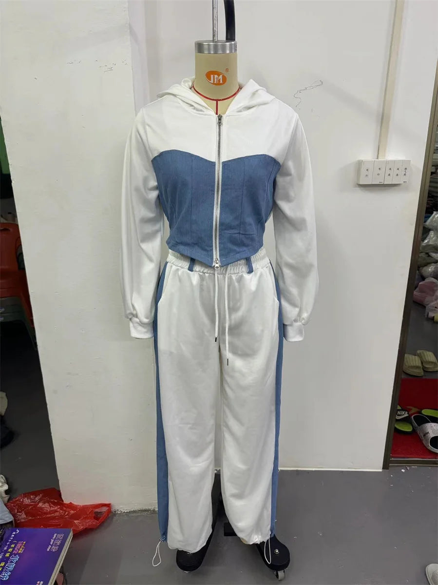 Ensemble 2 pièces en denim patchwork pour femmes, tenue décontractée, sweats à capuche minces, haut court, pantalon de survêtement à jambes larges, streetwear imbibé, survêtements à la mode