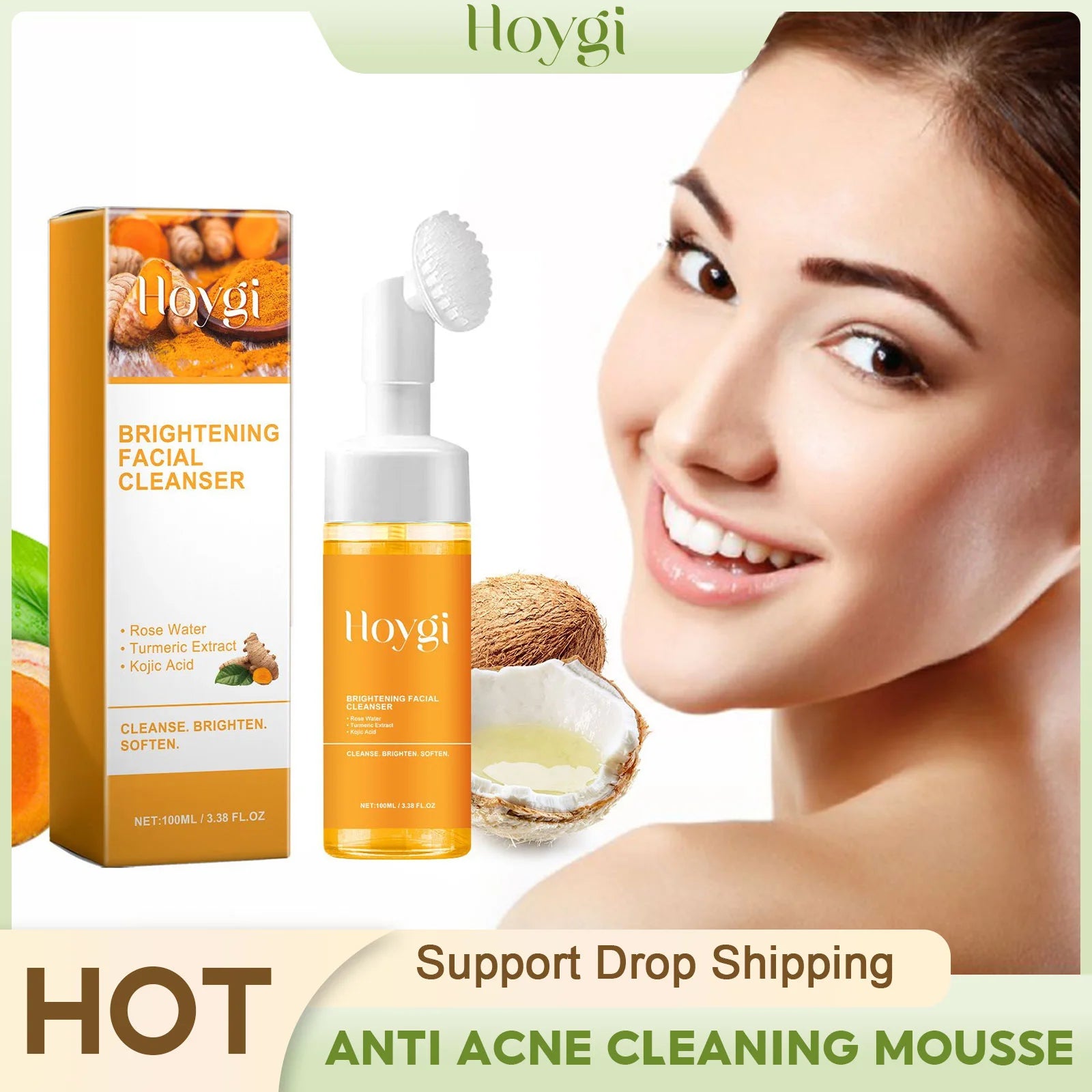 Nettoyant au curcuma Anti-acné, contrôle de l'huile, dissolvant de points noirs, nettoyage de la peau, éclaircissant, rajeunissement, mousse de lavage du visage