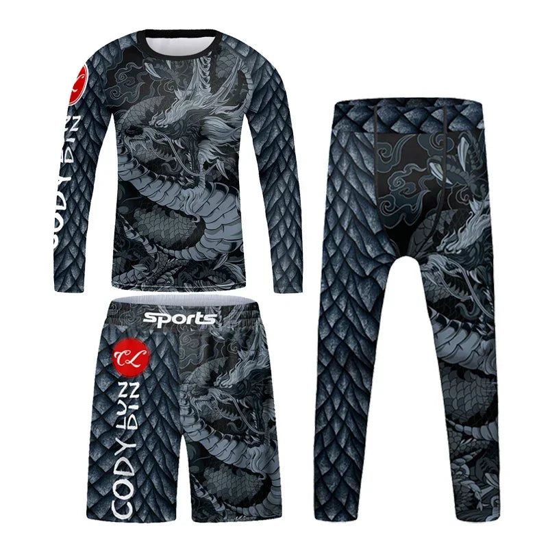 Vêtements de sport à compression pour enfants, survêtement de course pour garçons, ensemble t-shirt et pantalon Muay Thai, MMA BJJ Training Sportedly