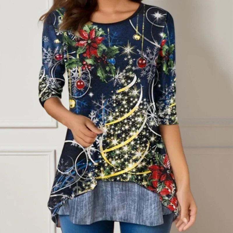Christmas Tree Women's Fashion Round Neck Long Sleeve T-Shirt Tops 3D Print Casual Harajuku Women's Plus Size Clothing