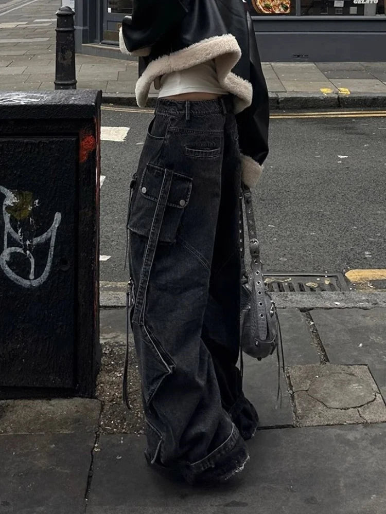 FjRopa Mujer-Jean Cargo Noir Délavé Style Punk Y2K pour Femme, Pantalon Baggy, Vêtements de Styliste, Jambes Larges, 2024