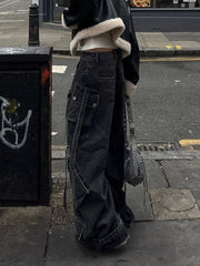 FjRopa Mujer-Jean Cargo Noir Délavé Style Punk Y2K pour Femme, Pantalon Baggy, Vêtements de Styliste, Jambes Larges, 2024