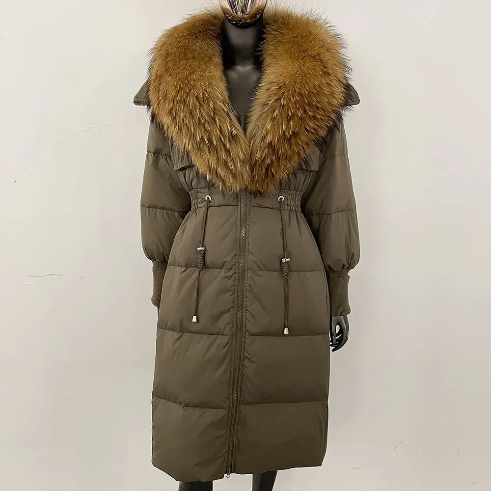 Doudoune longue avec col en fourrure pour femme, pardessus en fourrure de renard, longueur aux genoux, à la mode, chaude, cintrée à la taille, vêtements d'extérieur amincissants