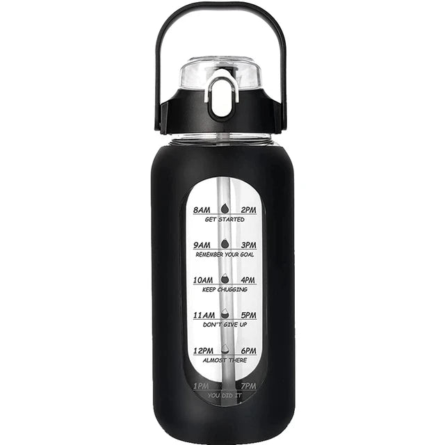1000ML glass water bottles with straw, glass bottle with silicone sleeve and time marker, for gym, camping, home and office