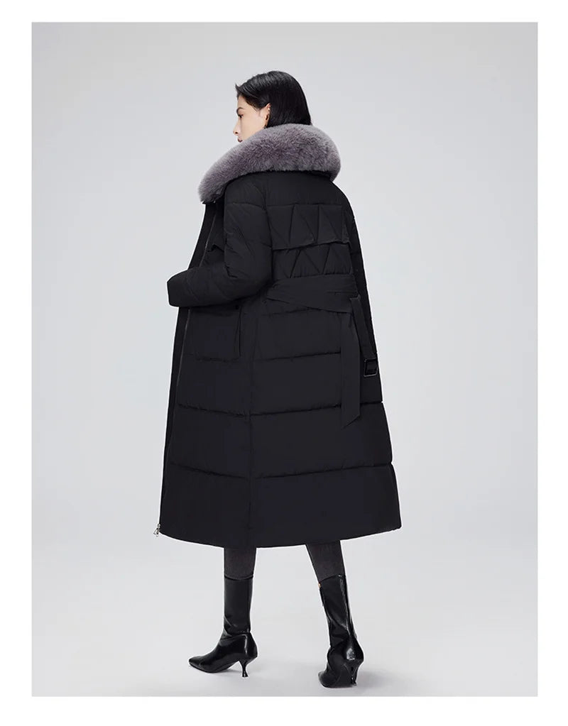Parka d'hiver à col en fourrure pour femme, veste x-longue rembourrée en coton, manteau épais et chaud, Streetwear avec ceintures, vêtements d'extérieur Slim, à la mode, 2025