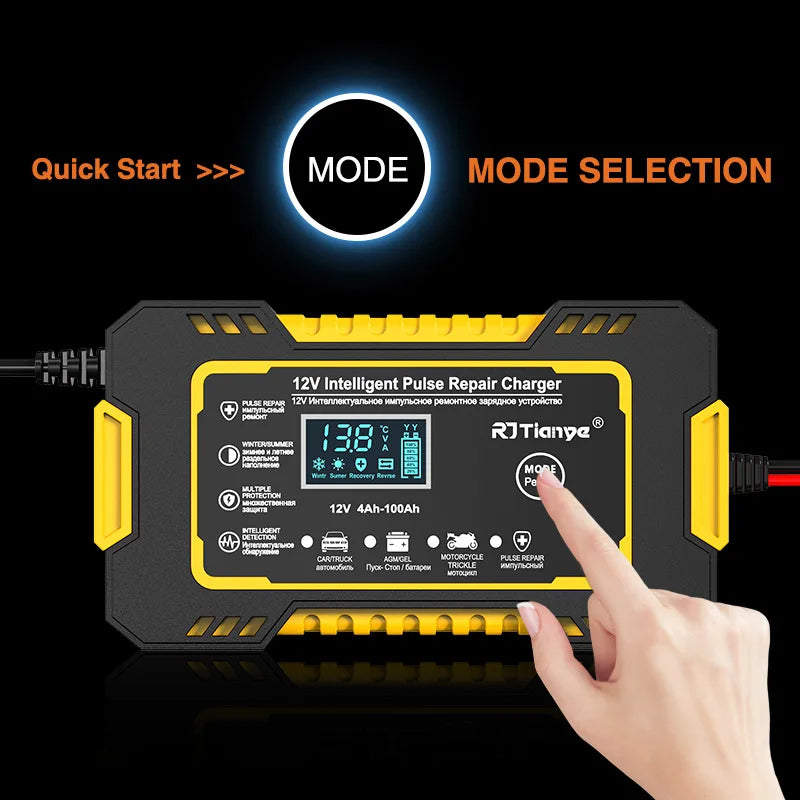 12V 6A Car Battery Charger, Pulse Repair, LCD Screen, Smart Fast Charging, AGM, Deep Cycle, GEL, Lead Acid, for Cars and Motorcycles