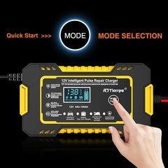 12V 6A Car Battery Charger, Pulse Repair, LCD Screen, Smart Fast Charging, AGM, Deep Cycle, GEL, Lead Acid, for Cars and Motorcycles