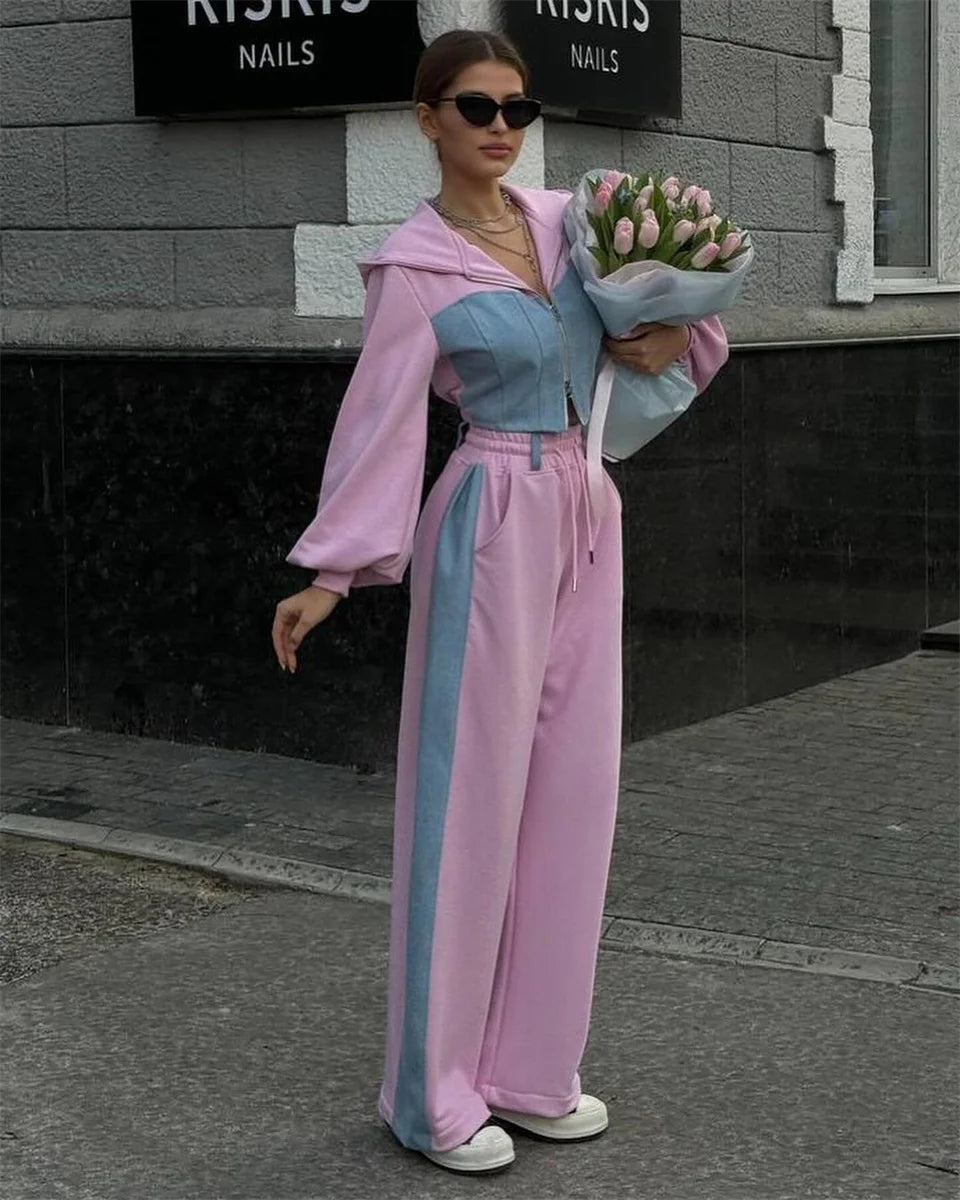 Ensemble 2 pièces en denim patchwork pour femmes, tenue décontractée, sweats à capuche minces, haut court, pantalon de survêtement à jambes larges, streetwear imbibé, survêtements à la mode