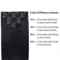 Extensions de cheveux humains à clipser pour femmes, vrais cheveux humains, 120 Remy, raides, noir naturel, # 1B, mode, 100% g, 8 pièces