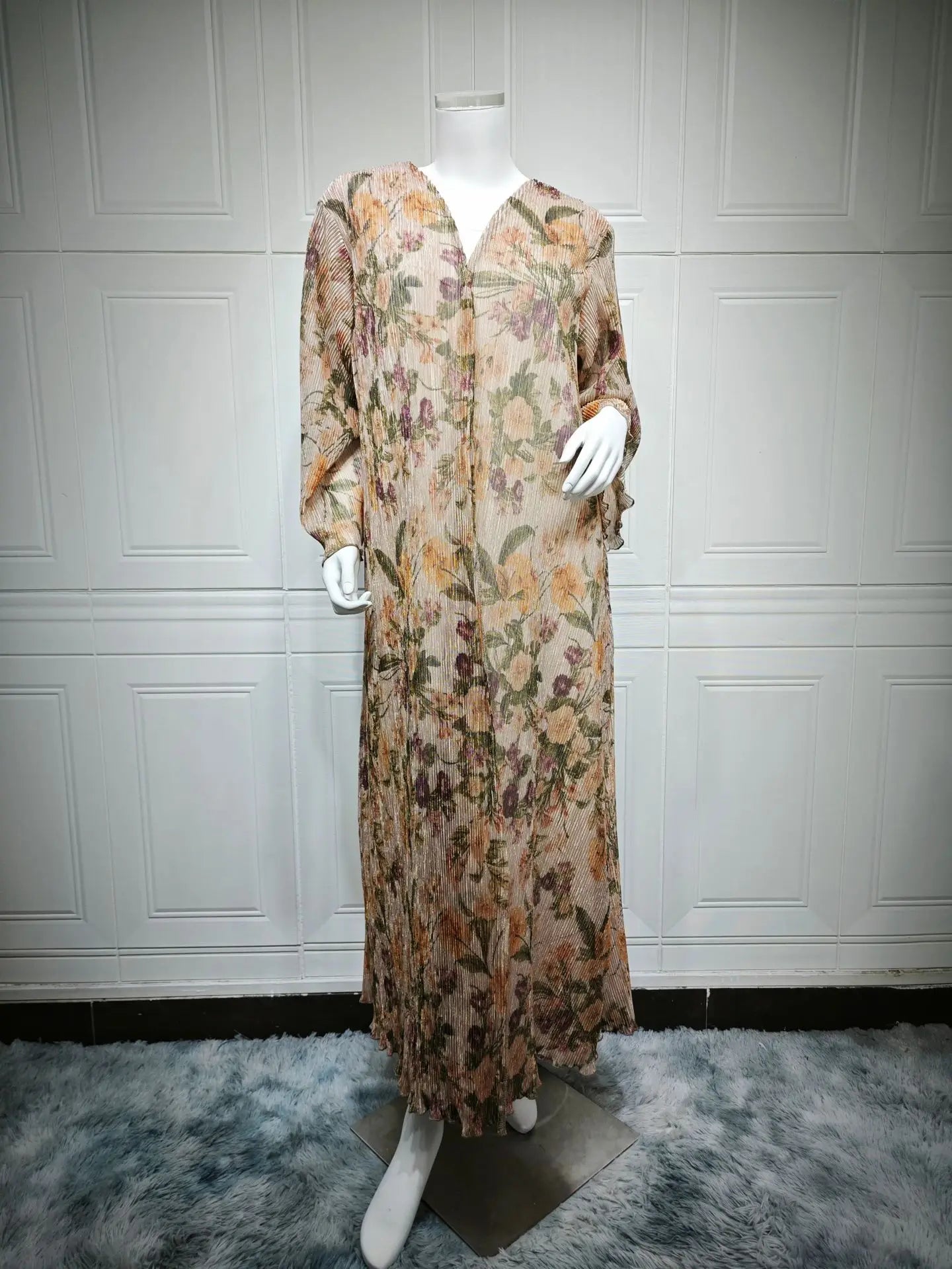 Luxury Dubai Women's Abaya Hijab Included Muslim Elegant Floral Print Pleated Open Long Sleeve Cardigan Caftan