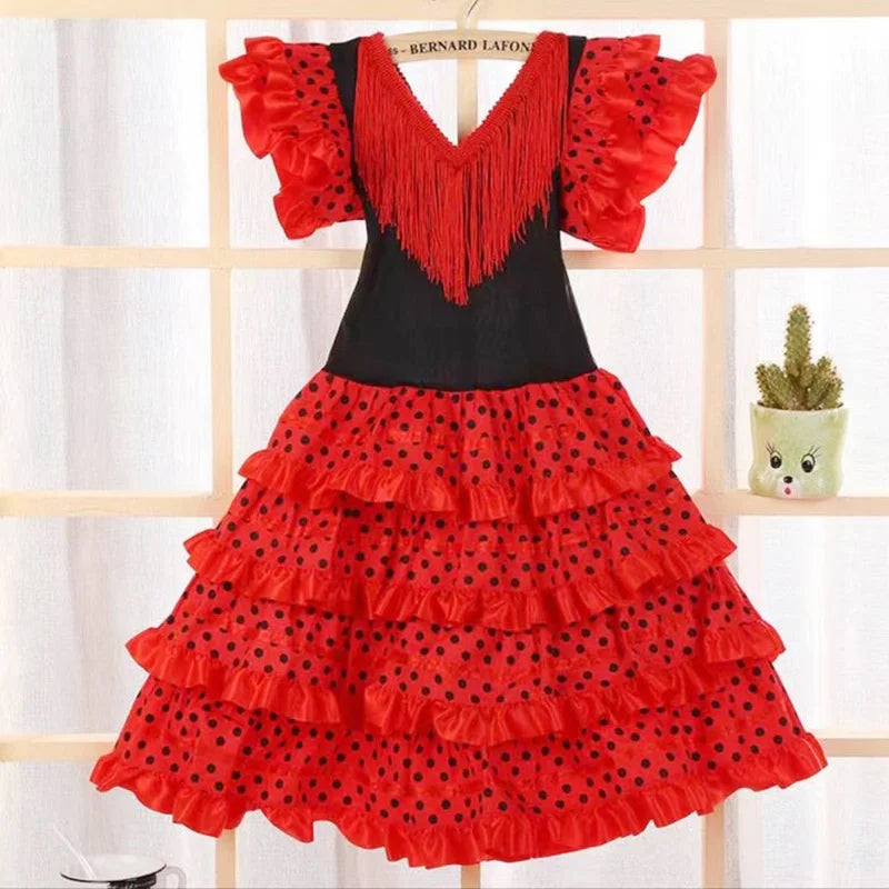 Robe de danse traditionnelle espagnole pour filles, robe de Festival à pois avec pompon, quatre couleurs, jupe classique de Style Flamengo gitane pour enfants