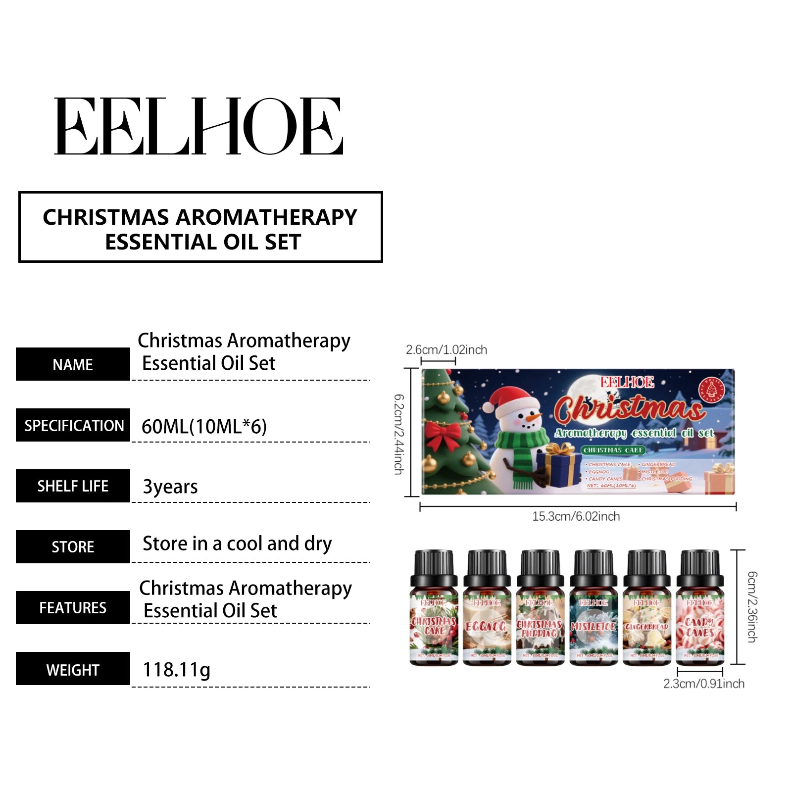 Ensemble d'huiles essentielles d'aromathérapie de noël, parfum longue durée, 6 parfums de vacances, parfums festifs et atmosphère relaxante, 6x10ml