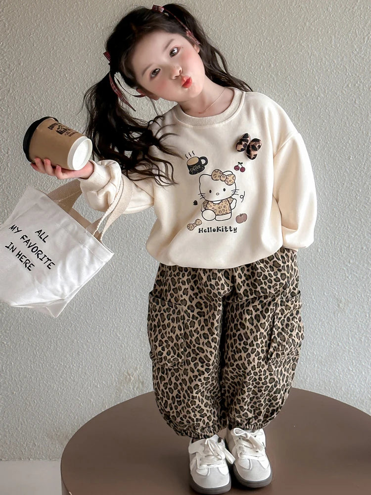 Ensemble de vêtements d'automne pour filles, sweat-shirt, pull Hello Kitty, haut et pantalon imprimé léopard, costume 2 pièces, tenue de survêtement mignonne pour enfants