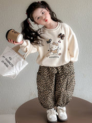 Ensemble de vêtements d'automne pour filles, sweat-shirt, pull Hello Kitty, haut et pantalon imprimé léopard, costume 2 pièces, tenue de survêtement mignonne pour enfants