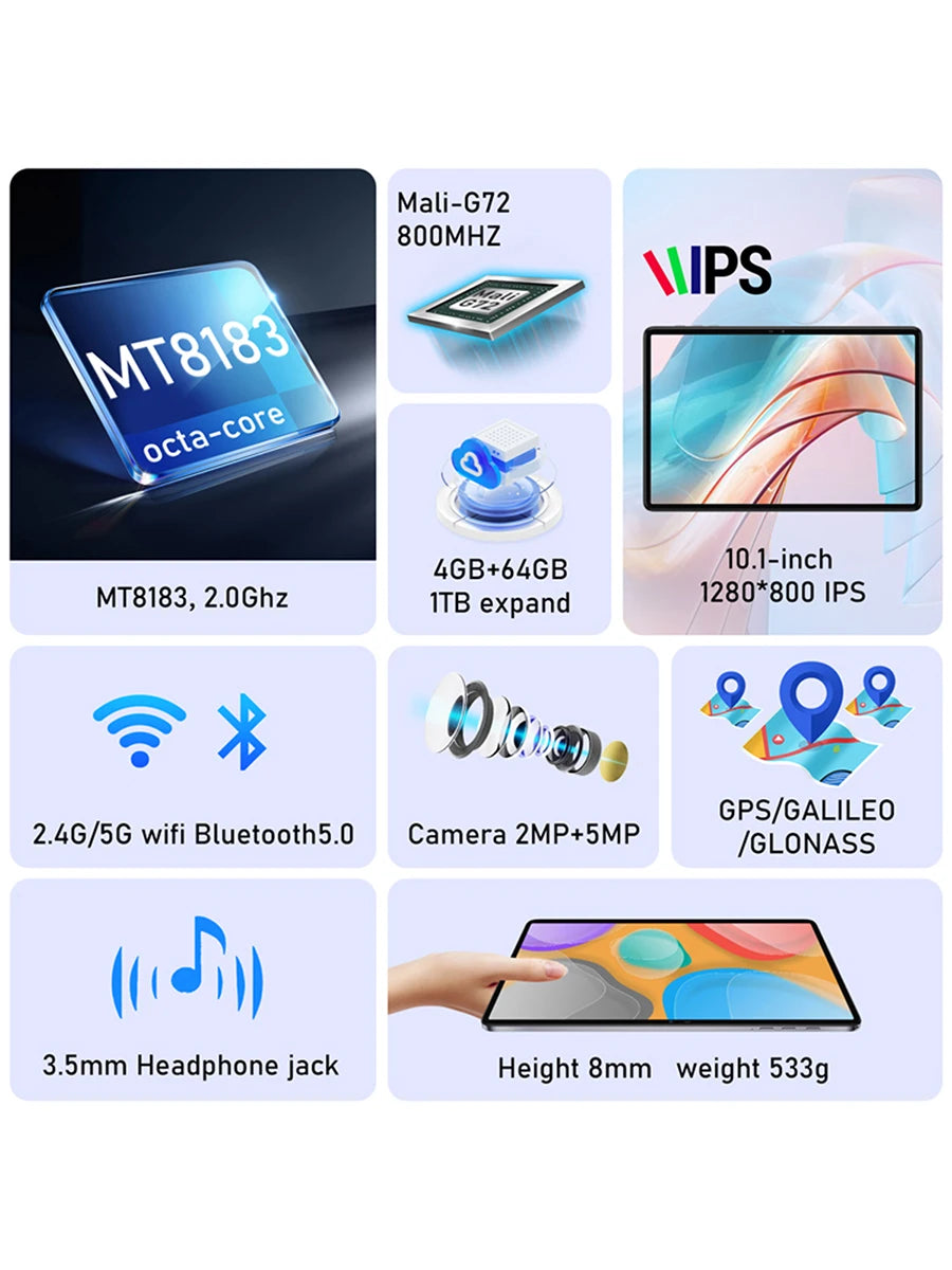 N-ONE NPad S 2023 10.1 pouces Tablette Pad 1280X800 HD 4GB 64GB Android 12 MTK8183 8-Cores 6600mAh Double WIFI BT5.0 Tablettes