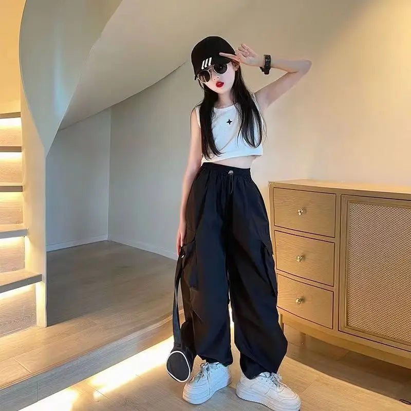 Pantalon de jogging Hip Hop pour enfants de 5 à 14 ans, Cargo pour filles, pantalon droit pour adolescentes, taille haute, Vintage, décontracté, Streetwear, Baggy