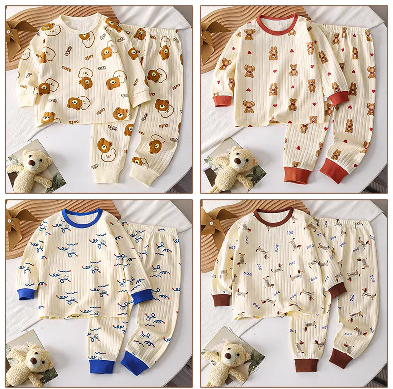 Pyjama Chaud en Pur Coton pour Enfant Garçon et Fille, T-Shirt à Manches sulf+ Pantalon, Ensemble de Sous-Vêtements d'Automne