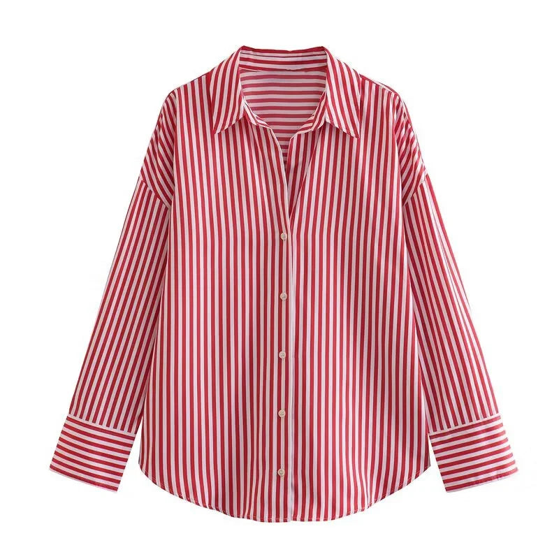 ETJ 2025 femmes printemps nouvelle mode européenne-américaine rayé à manches longues revers version ample popeline chemise sélection multicolore