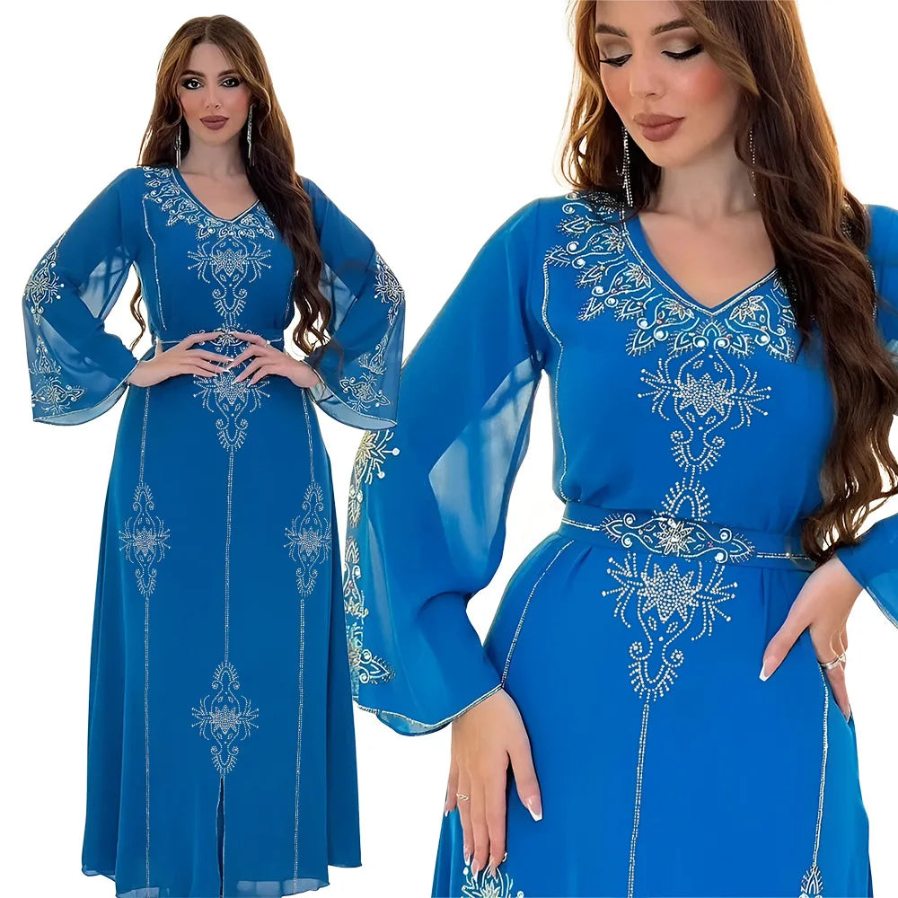 Eid Jalabiya - Women's Muslim Evening Dress, Diamond Lace-Up Arabic Abayas, Long Dresses, Elegant Dress, Educational Dress for Ramadan