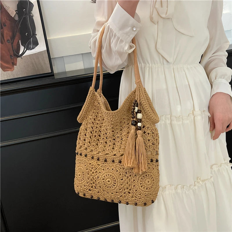 Sac à main tissé de grande capacité, sac à bandoulière ajouré, fourre-tout en Crochet, fourre-tout bohème tissé pour femmes, sacs de Shopping tricotés