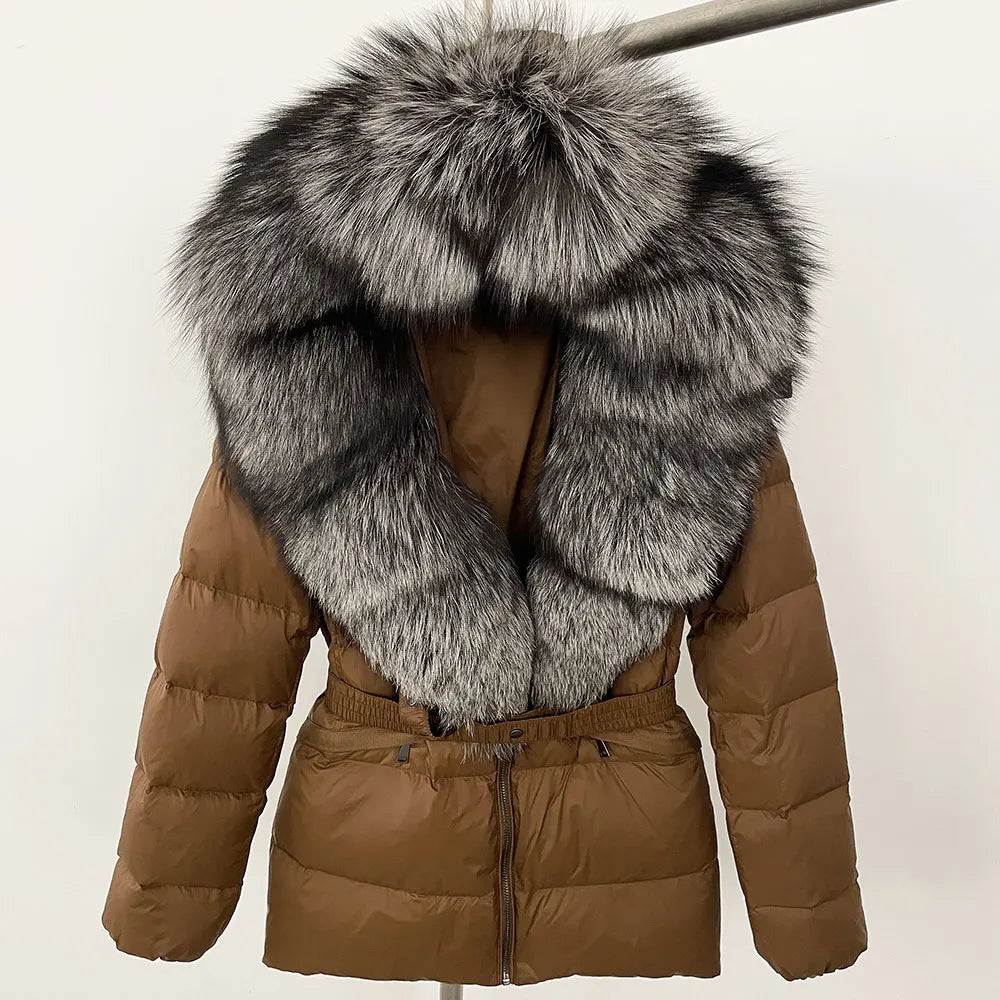 OFTBUY 2024 veste d'hiver femmes naturel réel raton laveur col de fourrure de renard à capuche blanc canard vers le bas manteau ceinture épais chaud vêtements d'extérieur décontractés
