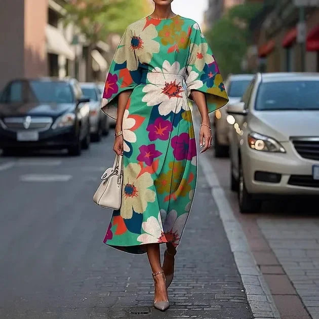 Elegant floral ocean dress for women, ankle-length, made of polyester fiber, independent station, cross-border, 2025