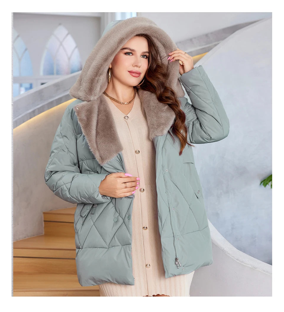 HaiLuoZi-Veste Courte à Capuche avec Fourrure pour Femme, Vêtement d'Hiver de Grande Taille, Design de Matelassage Indépendant, Grandes Poches, Combiné 2023, Nouvelle Collection 1163