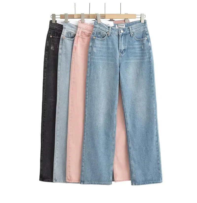 Jean bleu femmes taille haute 2025 ample décontracté petit ami jean Long pour le travail dames Simple jambe droite Denim pantalon pour les femmes