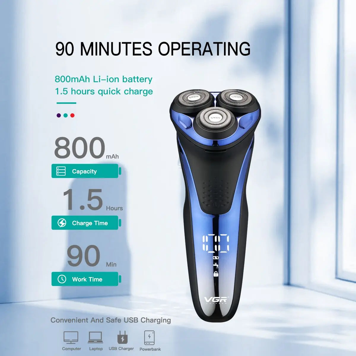 VgazElectric Rasoir Professionnel Étanche Barbe Tondeuse 3D Flottant Rasage Rechargeable Électrique pour Hommes V-306