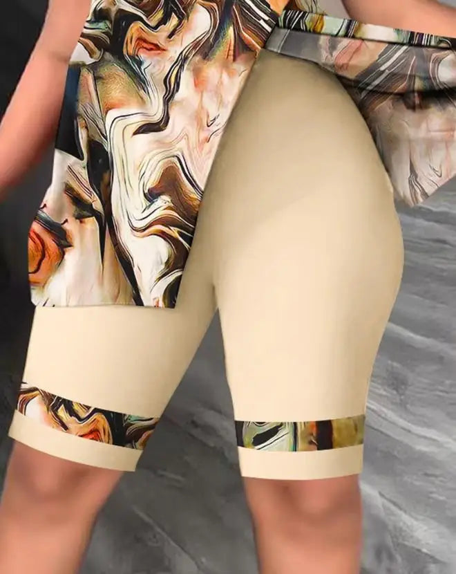 Ensemble deux pièces pour femmes, haut à manches courtes et ourlet fendu, col oblique, décontracté, ensemble 03/shorts, mode été 2023