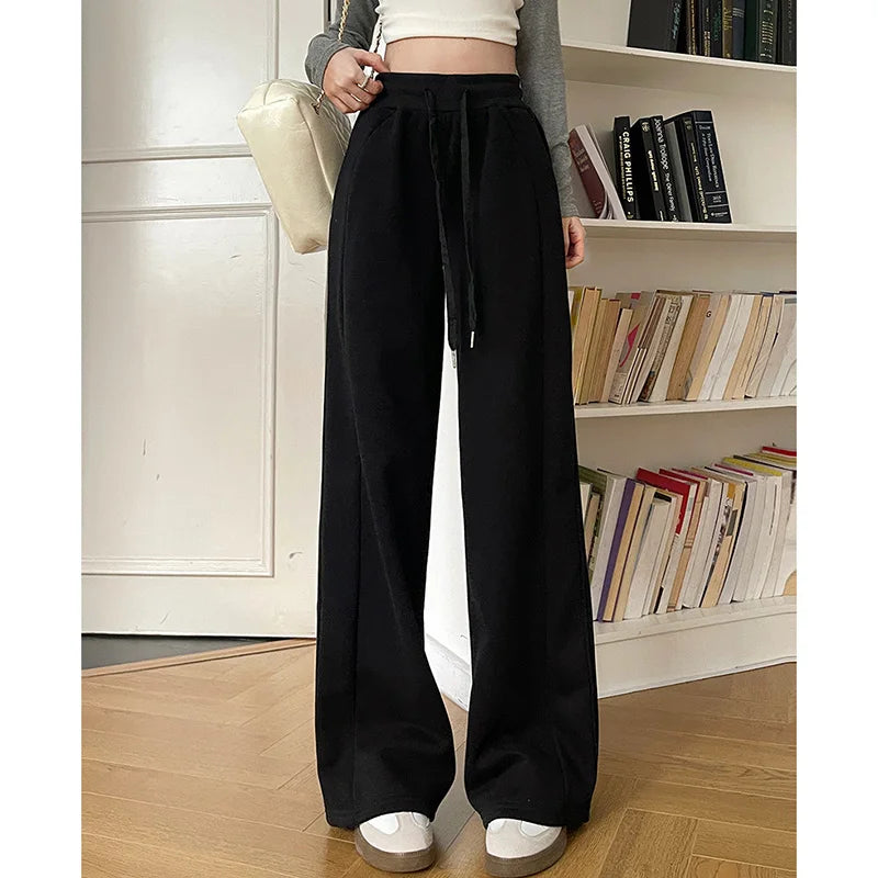 Pantalon de sport élastique pour femmes, basique, blanc, gris, noir, jambes larges, droit, polyvalent, taille haute, survêtement