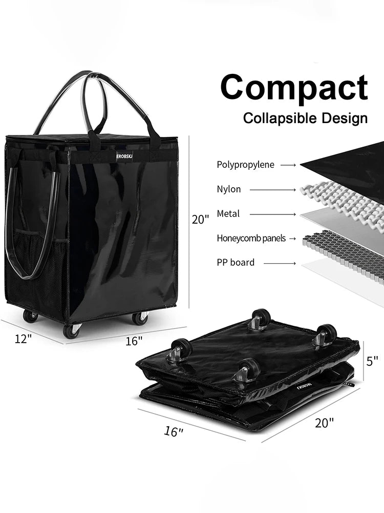 Sac de courses réutilisable à roulettes, sac fourre-tout roulant de voyage de grande capacité, fermeture à glissière, poignée pliable, pas facile à casser