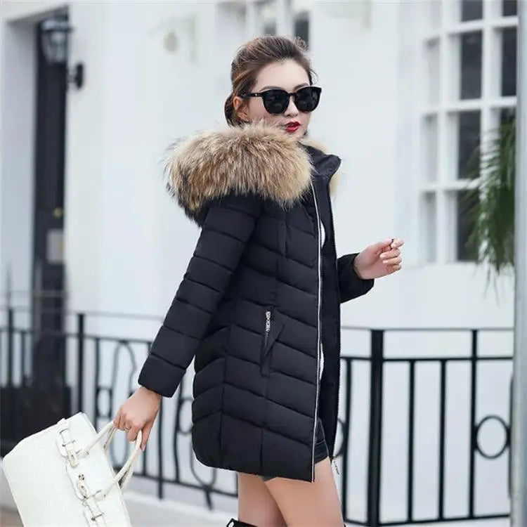 Veste d'hiver mi-longue en coton pour femme, manteau d'hiver rempli de grand col en fourrure, fibre de Polyester de Style britannique Non amovible