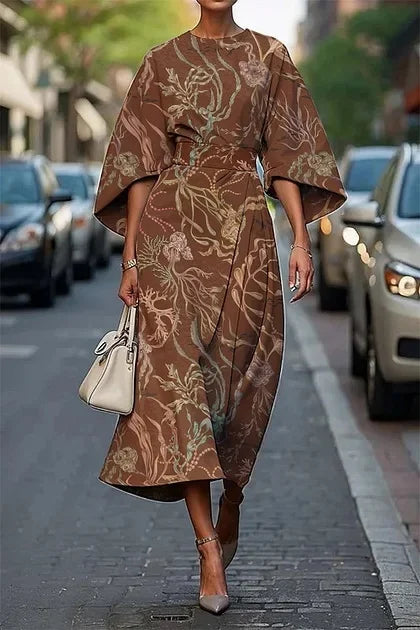 Elegant floral ocean dress for women, ankle-length, made of polyester fiber, independent station, cross-border, 2025