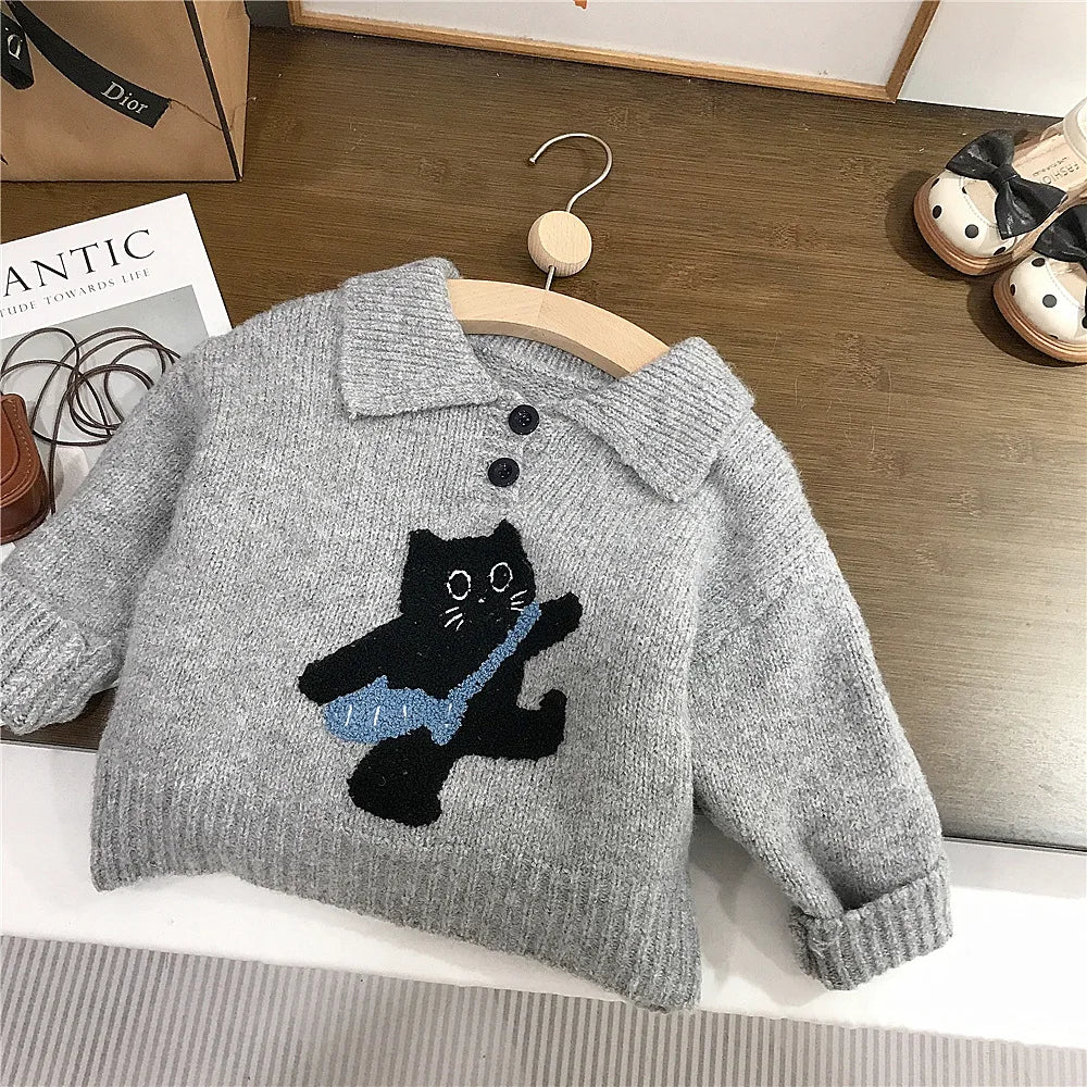 Automne hiver enfants vêtements coton chat Jacquard col rabattu enfant fille pull costumes ample Plaid enfant en bas âge bébé fille jupes