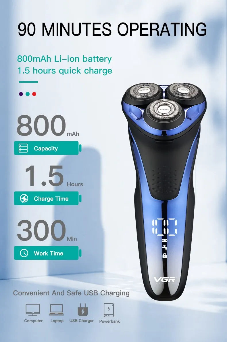 VgazElectric Rasoir Professionnel Étanche Barbe Tondeuse 3D Flottant Rasage Rechargeable Électrique pour Hommes V-306